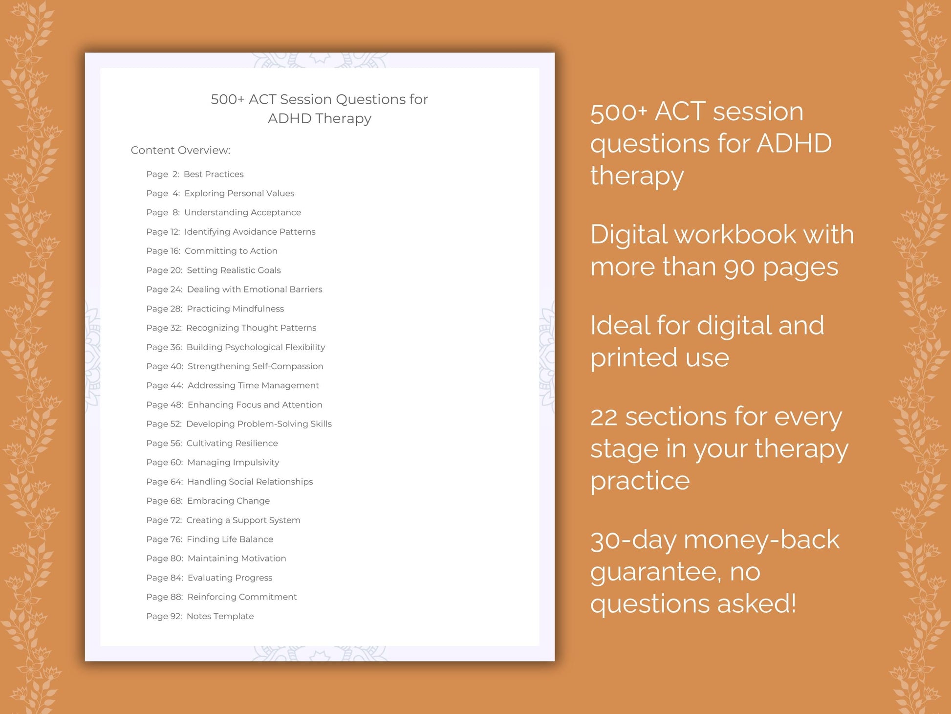 ADHD Acceptance and Commitment Therapy (ACT) Therapist Worksheets