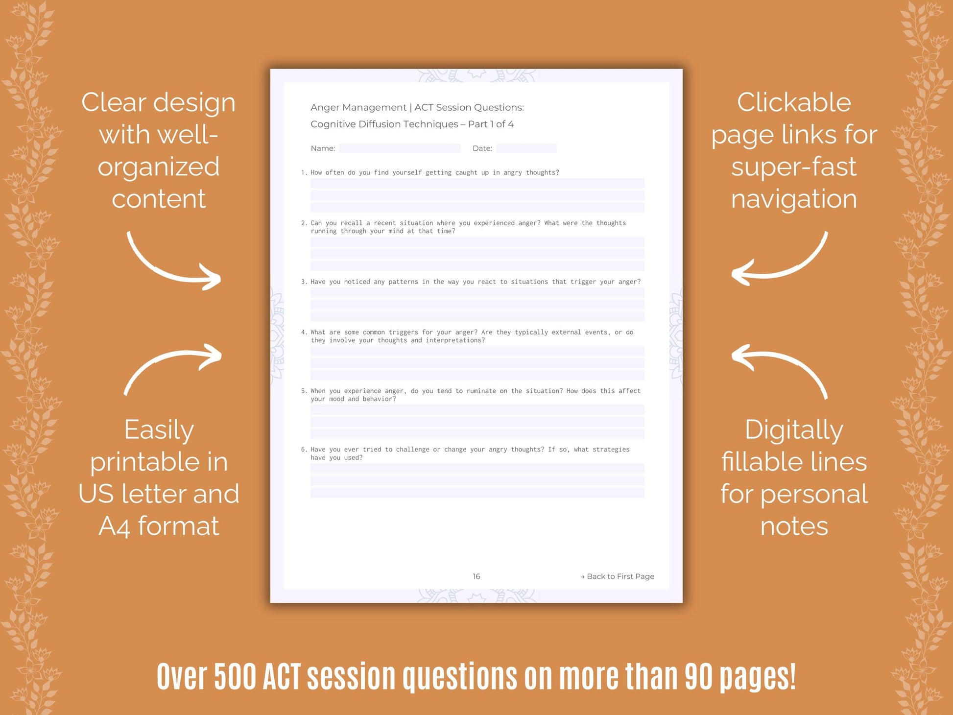 Anger Management Acceptance and Commitment Therapy (ACT) Counseling Templates