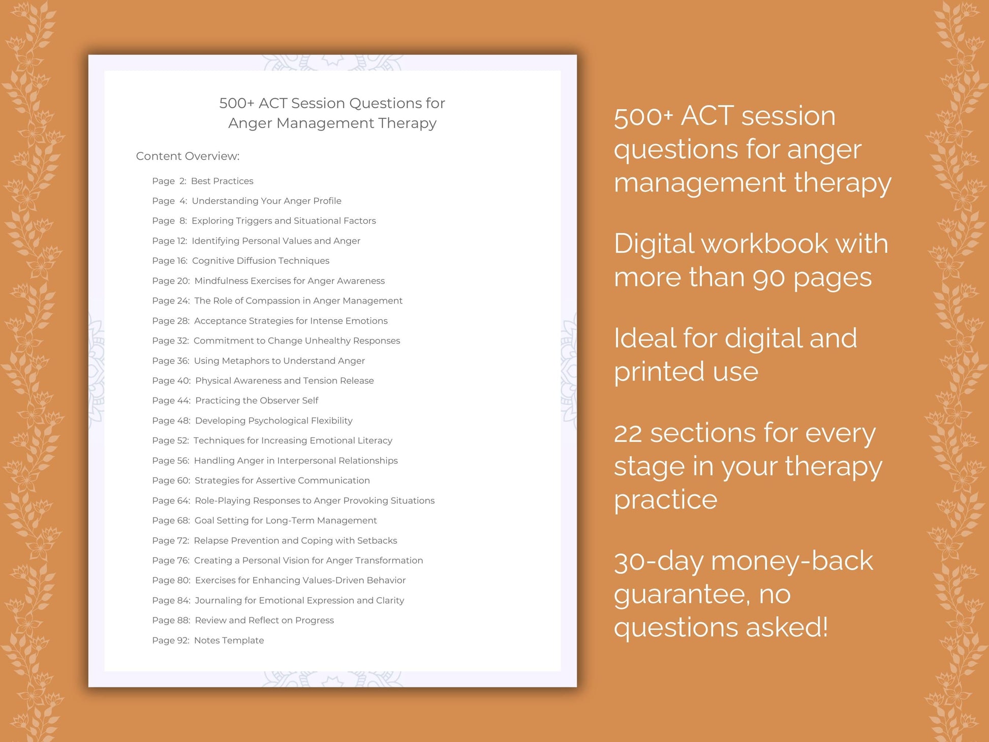 Anger Management Acceptance and Commitment Therapy (ACT) Therapist Worksheets