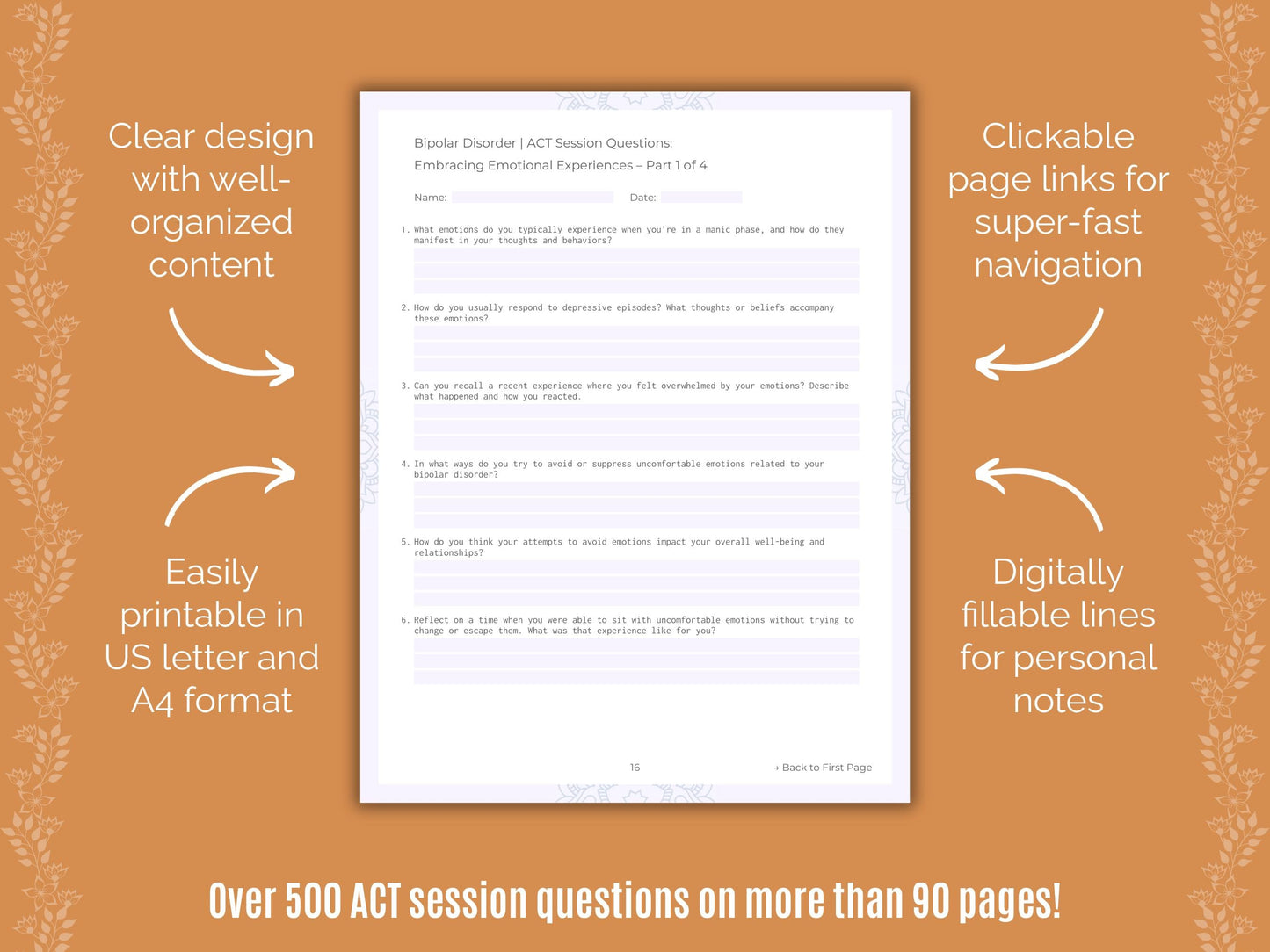 Bipolar Disorder Acceptance and Commitment Therapy (ACT) Counseling Templates