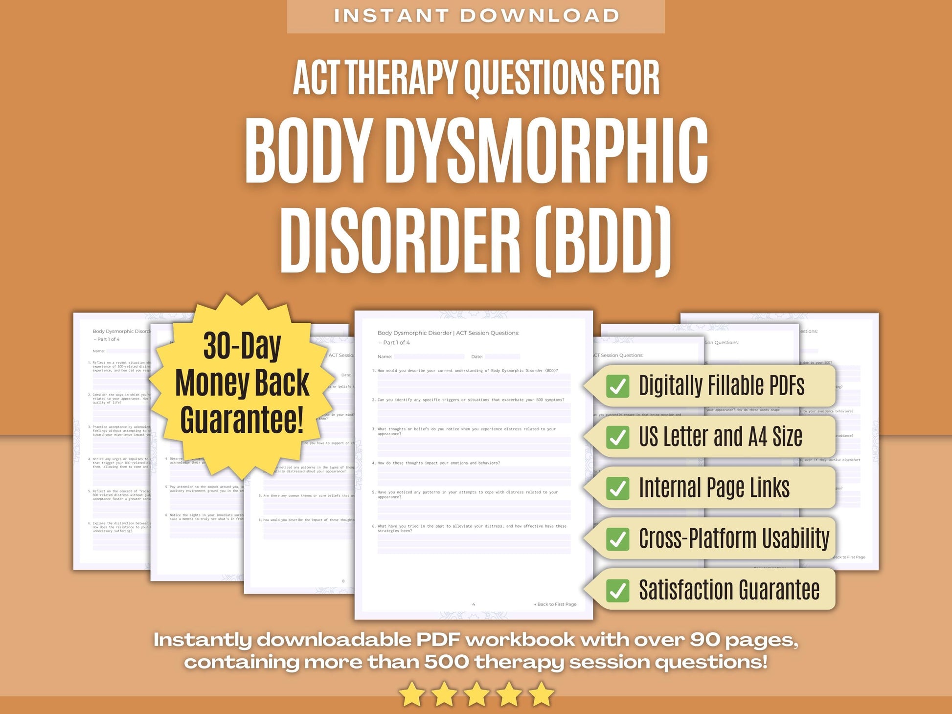 Body Dysmorphic Disorder (BDD) Acceptance and Commitment Therapy (ACT) Psychology Workbooks