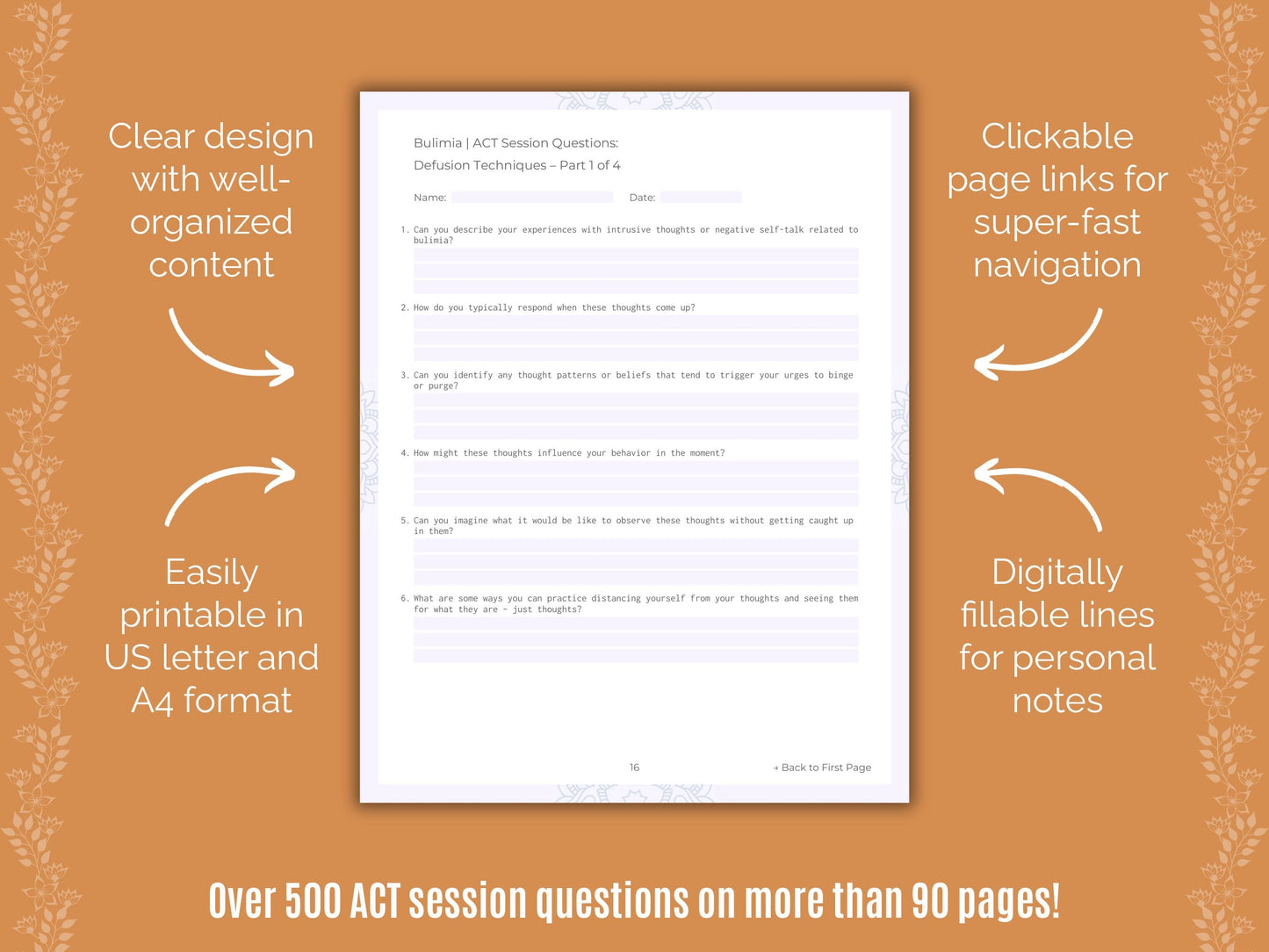 Bulimia Acceptance and Commitment Therapy (ACT) Counseling Templates