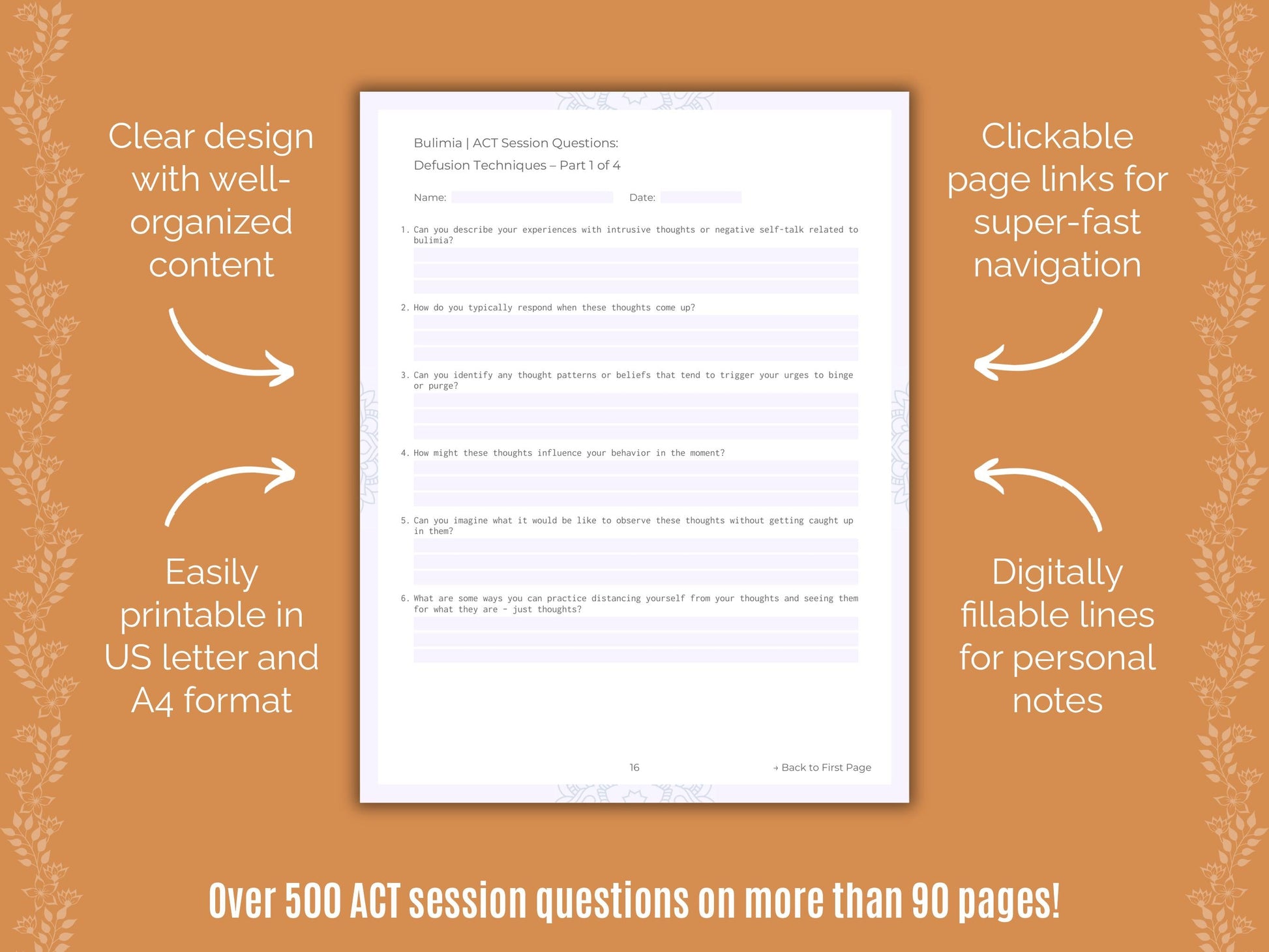 Bulimia Acceptance and Commitment Therapy (ACT) Counseling Templates