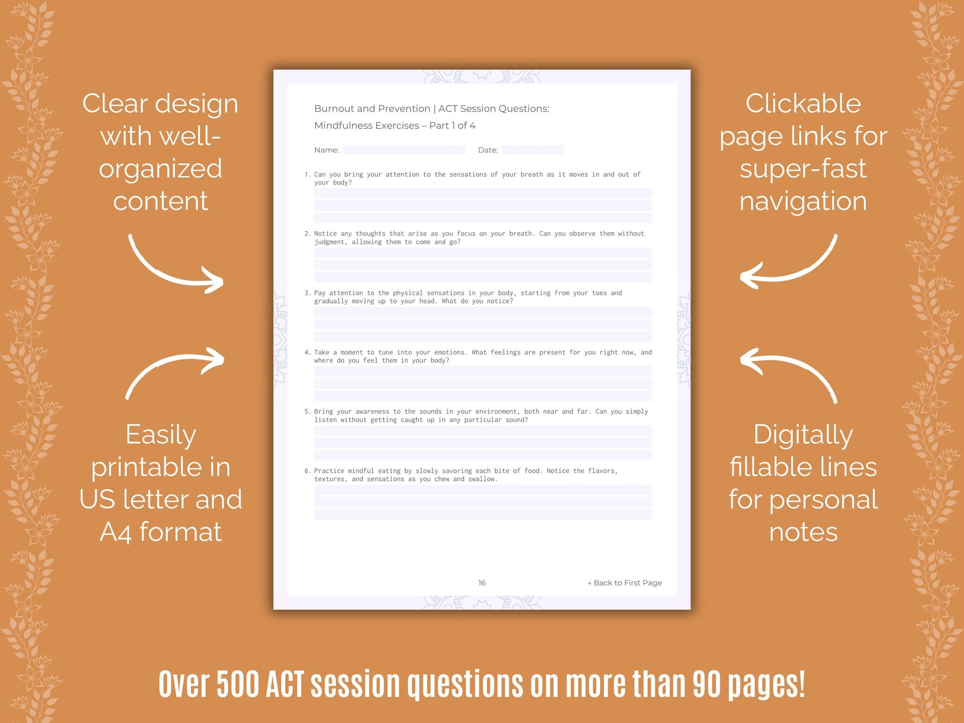 Burnout and Prevention Acceptance and Commitment Therapy (ACT) Counseling Templates