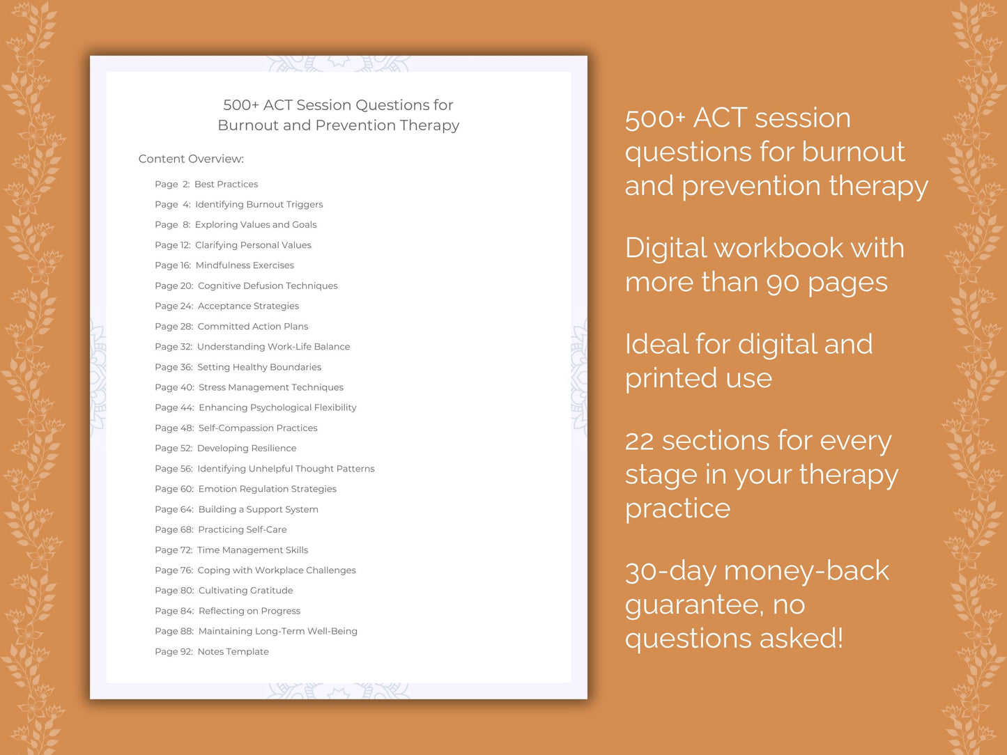 Burnout and Prevention Acceptance and Commitment Therapy (ACT) Therapist Worksheets