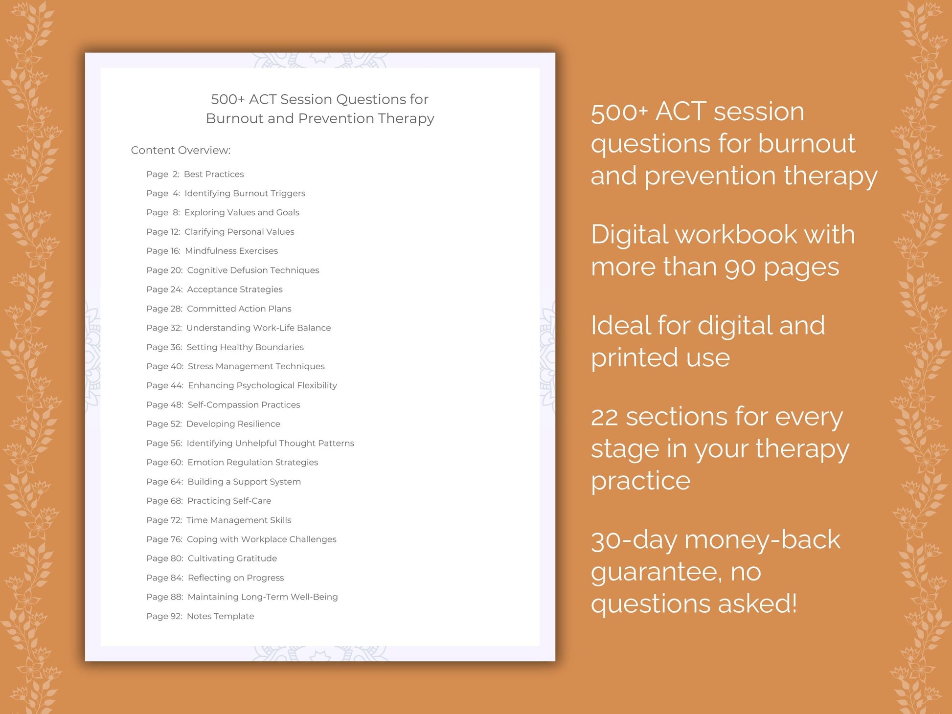 Burnout and Prevention Acceptance and Commitment Therapy (ACT) Therapist Worksheets