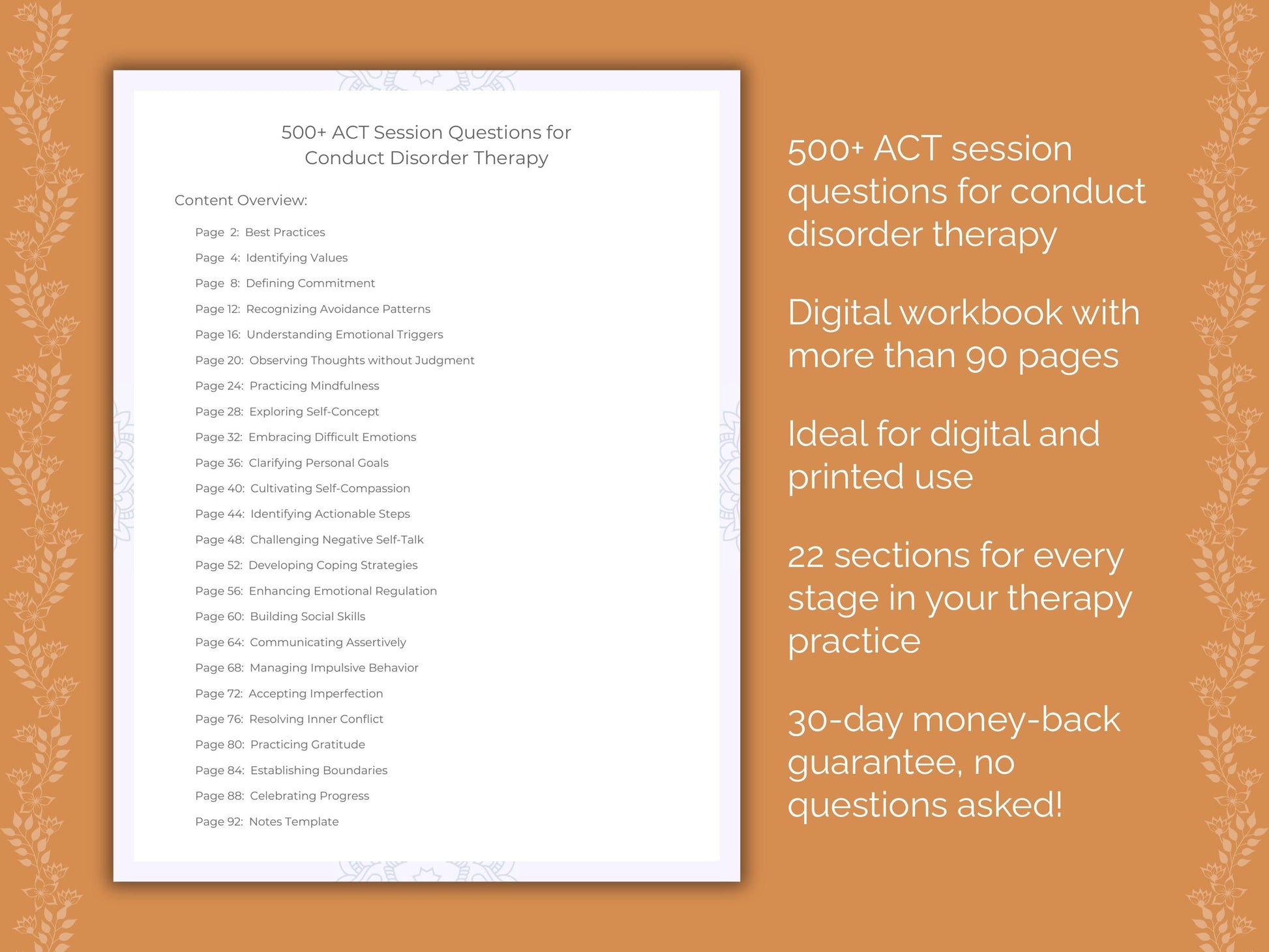 Conduct Disorder Acceptance and Commitment Therapy (ACT) Therapist Worksheets