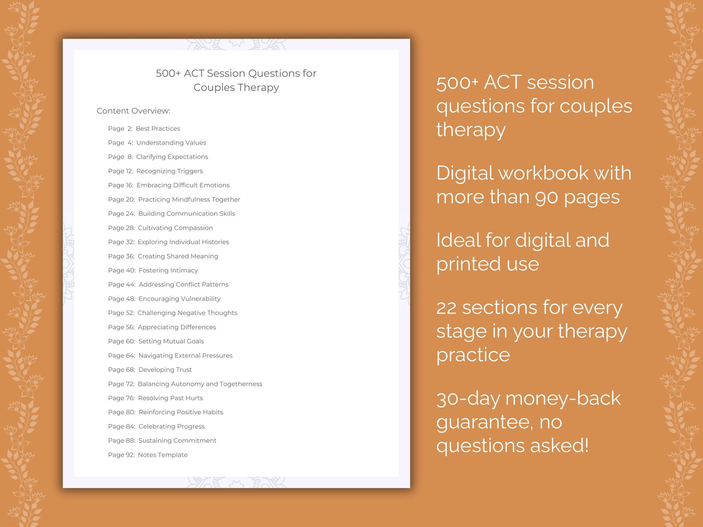 Couples Acceptance and Commitment Therapy (ACT) Therapist Worksheets