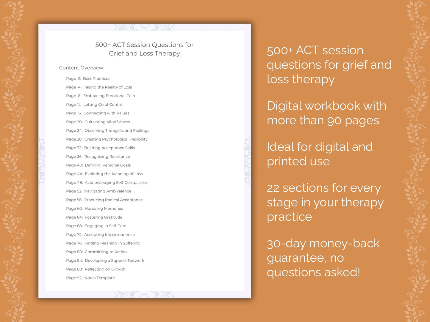 Grief and Loss Acceptance and Commitment Therapy (ACT) Therapist Worksheets