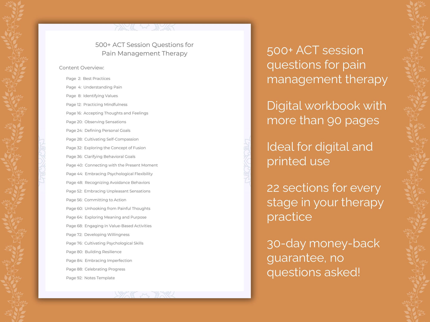 Pain Management Acceptance and Commitment Therapy (ACT) Therapist Worksheets