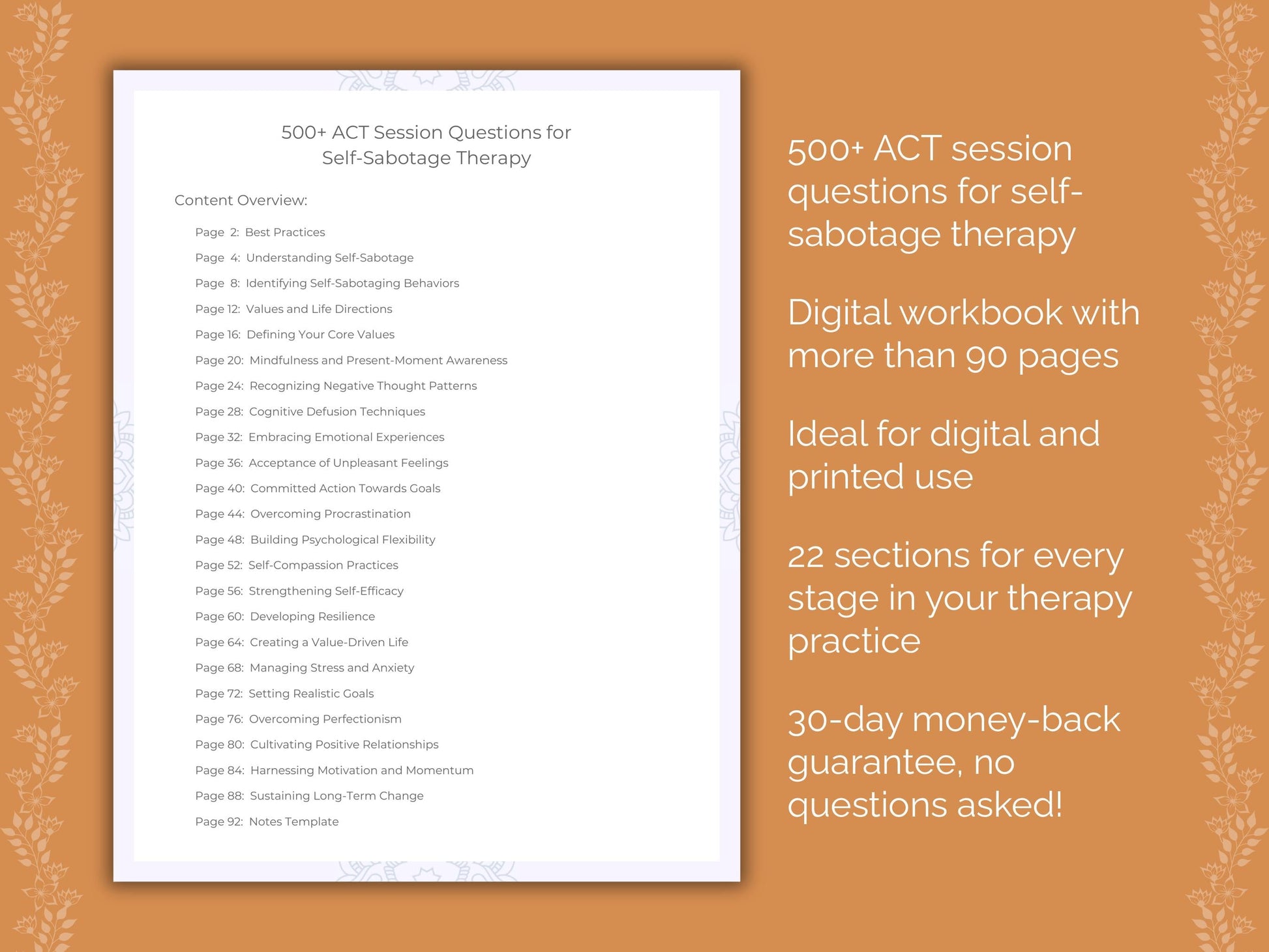 Self-Sabotage Acceptance and Commitment Therapy (ACT) Therapist Worksheets