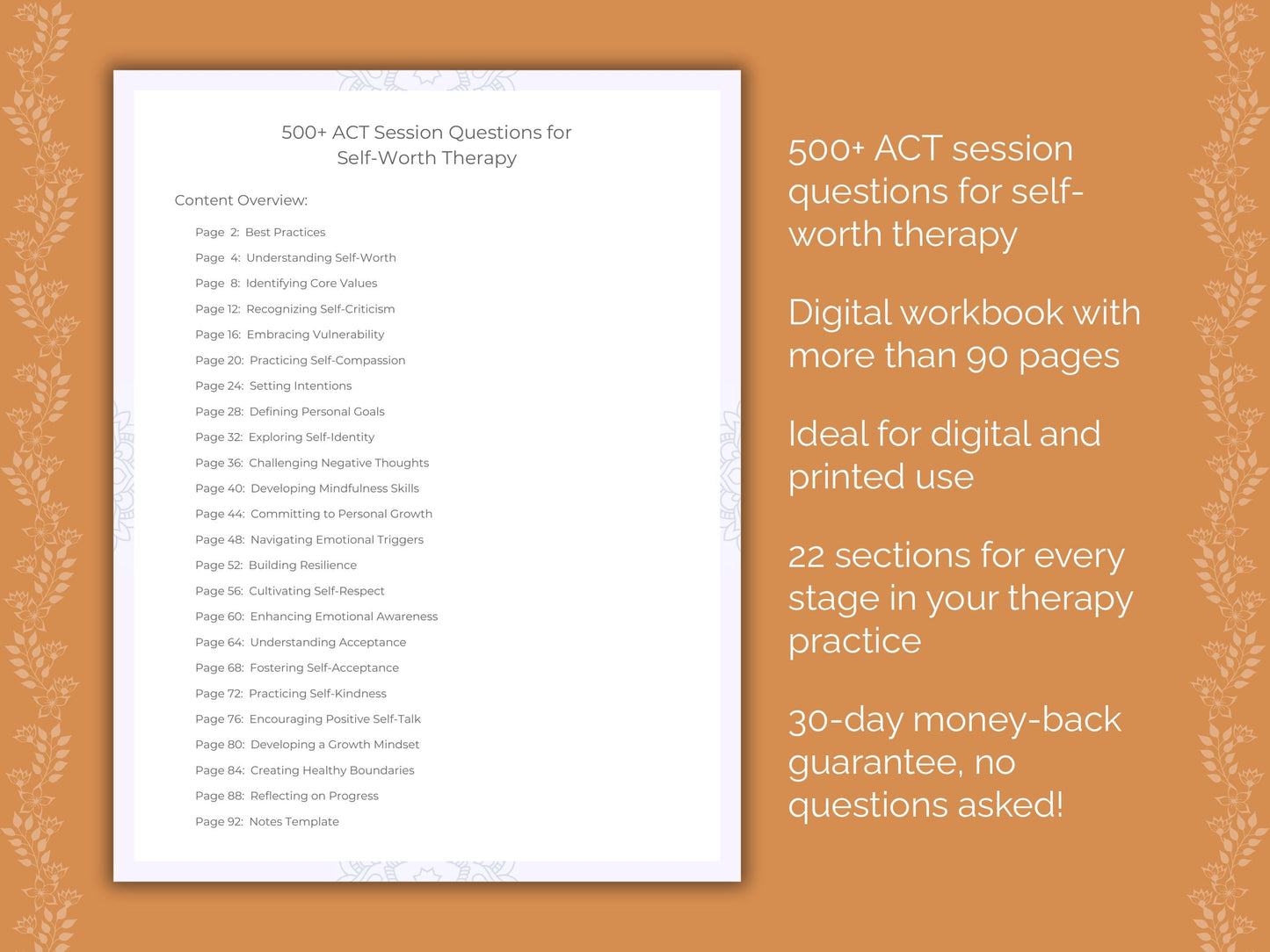 Self-Worth Acceptance and Commitment Therapy (ACT) Therapist Worksheets