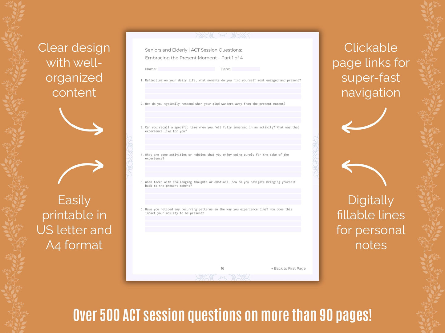 Seniors and Elderly Acceptance and Commitment Therapy (ACT) Counseling Templates