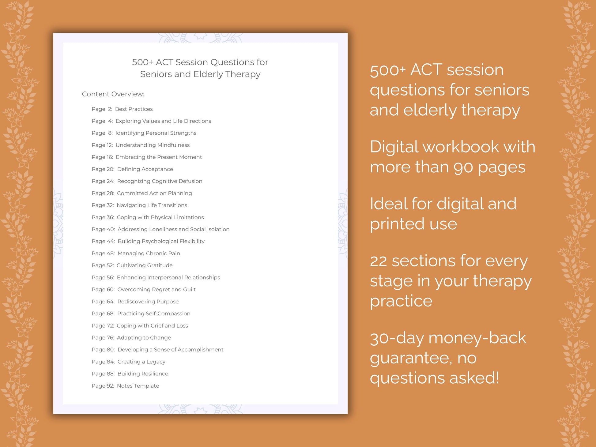 Seniors and Elderly Acceptance and Commitment Therapy (ACT) Therapist Worksheets