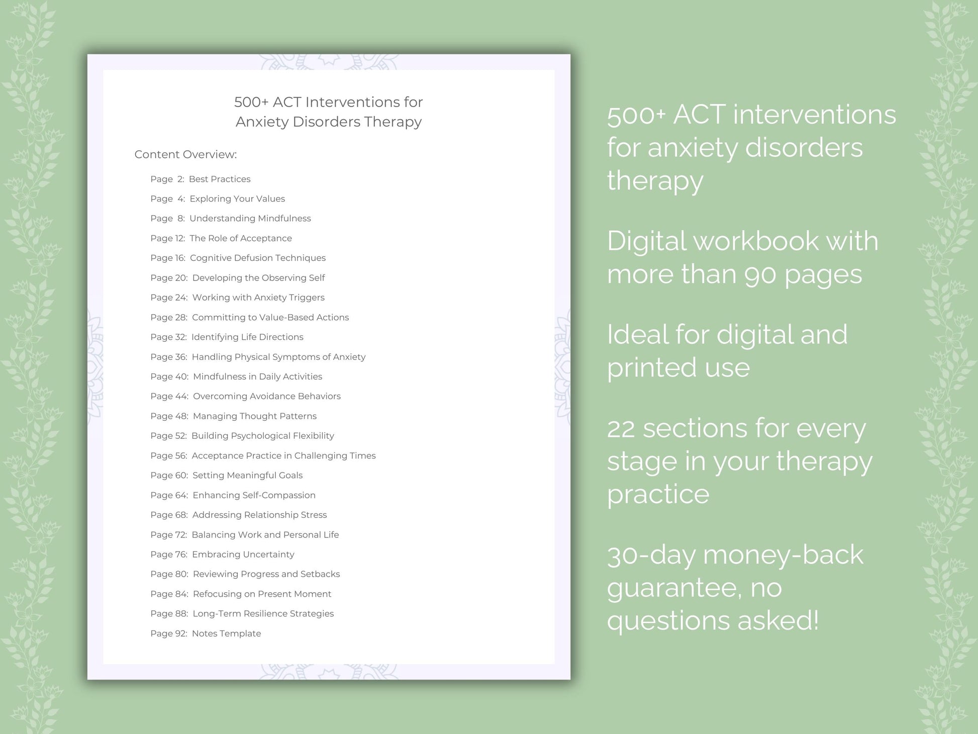 Anxiety Disorders Acceptance and Commitment Therapy (ACT) Therapist Worksheets