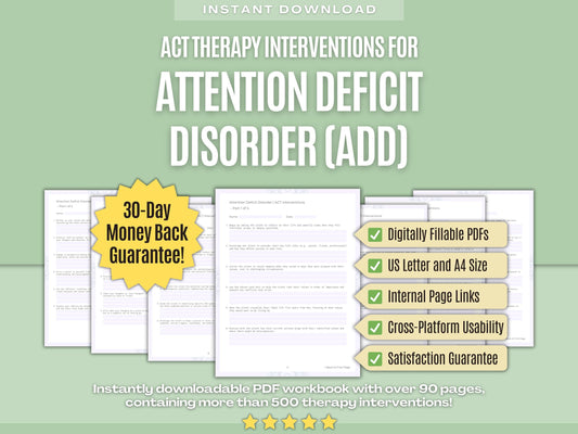 Attention Deficit Disorder (ADD) Acceptance and Commitment Therapy (ACT) Psychology Workbooks