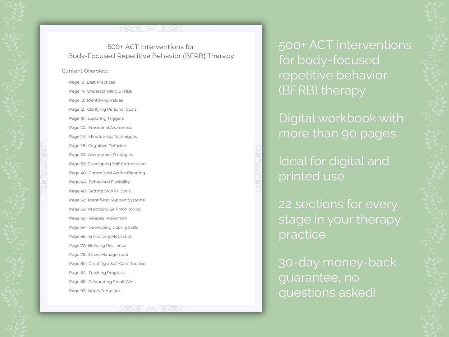 Body-Focused Repetitive Behavior (BFRB) Acceptance and Commitment Therapy (ACT) Therapist Worksheets