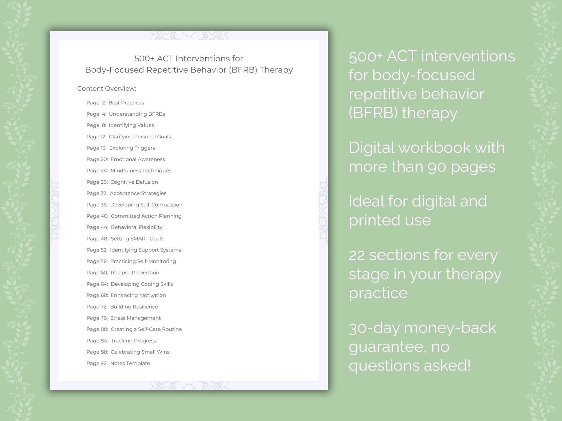 Body-Focused Repetitive Behavior (BFRB) Acceptance and Commitment Therapy (ACT) Therapist Worksheets