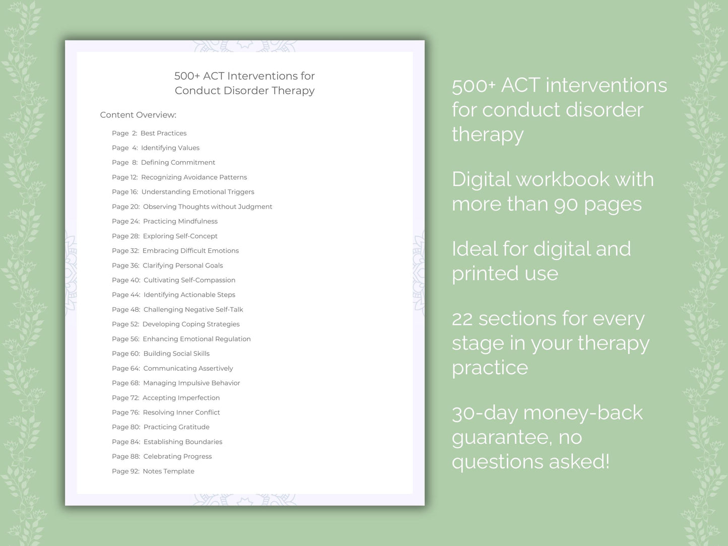 Conduct Disorder Acceptance and Commitment Therapy (ACT) Therapist Worksheets