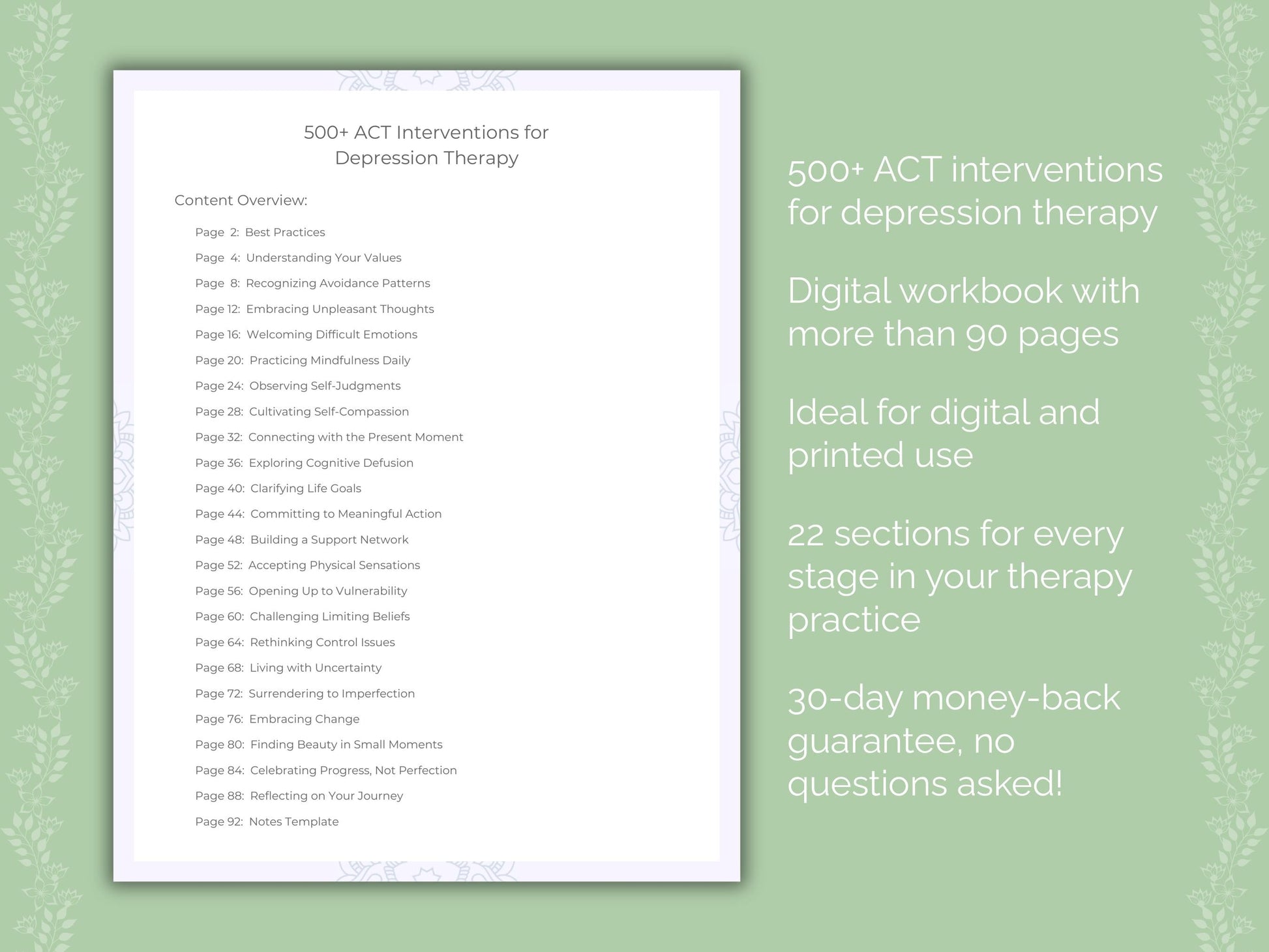 Depression Acceptance and Commitment Therapy (ACT) Therapist Worksheets