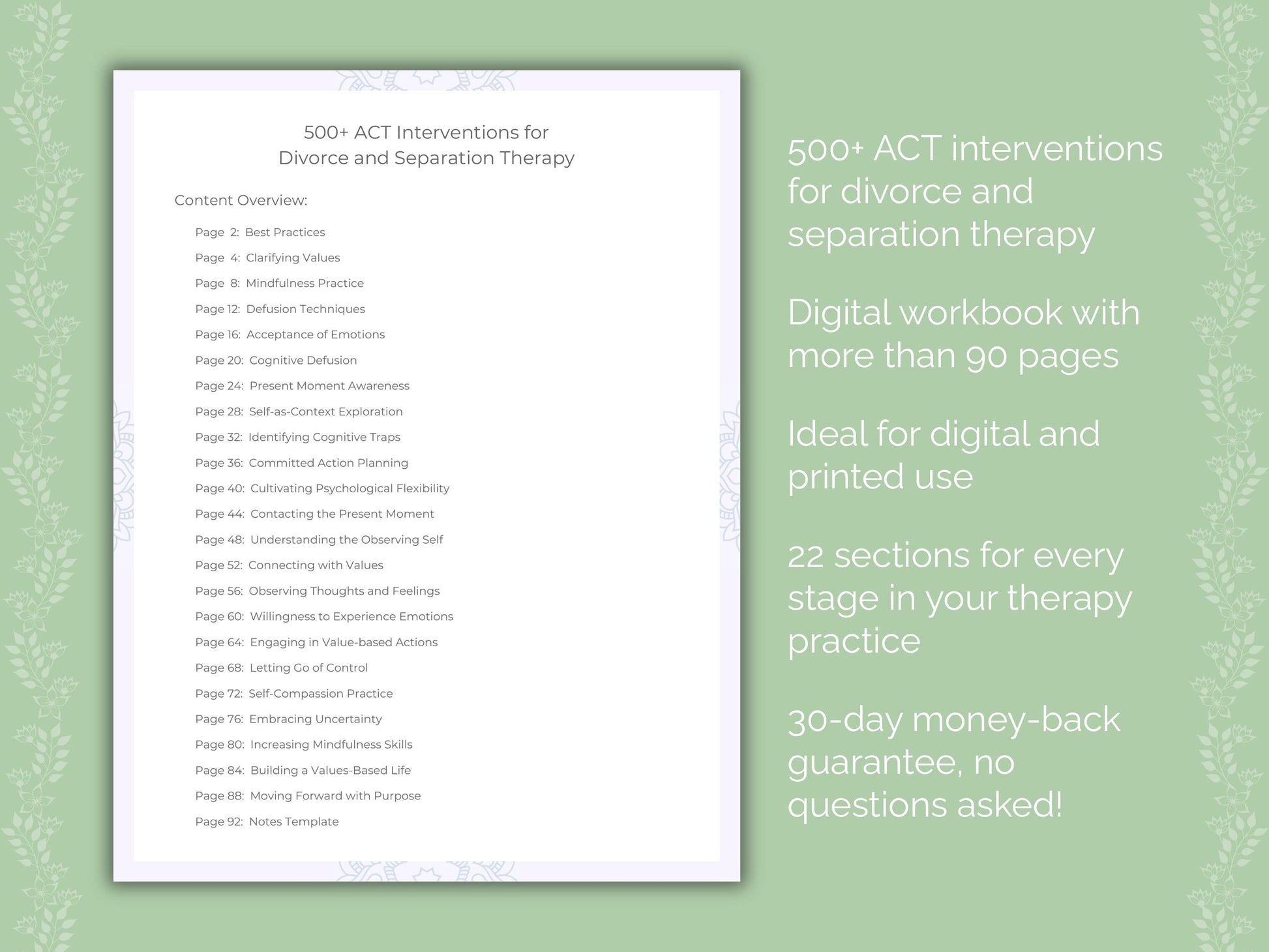 Divorce and Separation Acceptance and Commitment Therapy (ACT) Therapist Worksheets