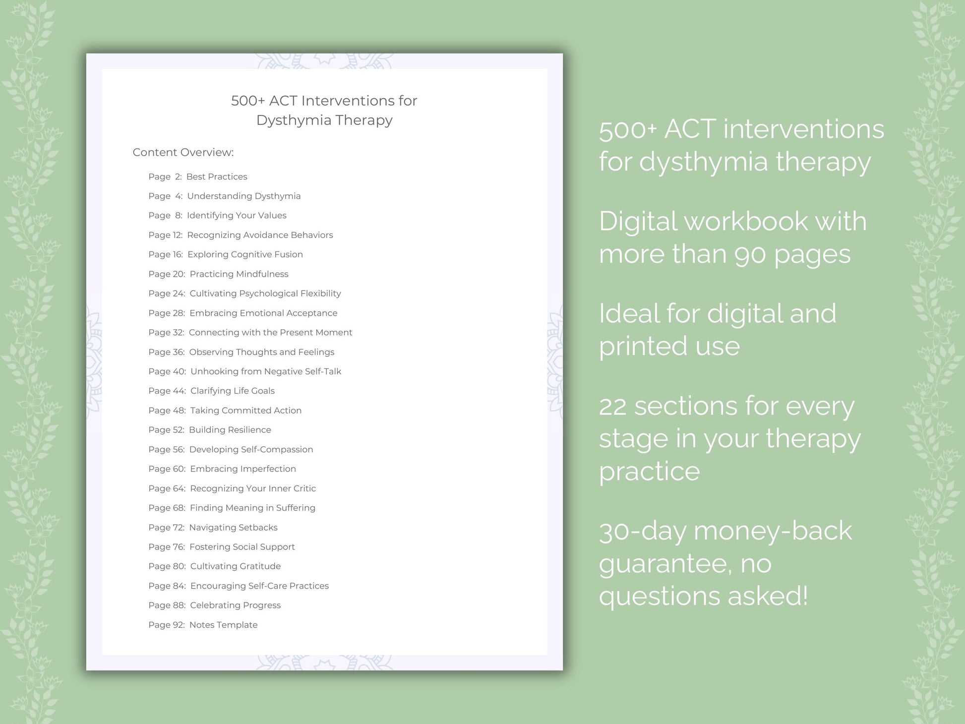 Dysthymia Acceptance and Commitment Therapy (ACT) Therapist Worksheets