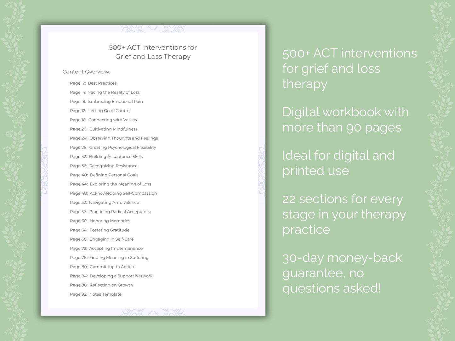 Grief and Loss Acceptance and Commitment Therapy (ACT) Therapist Worksheets