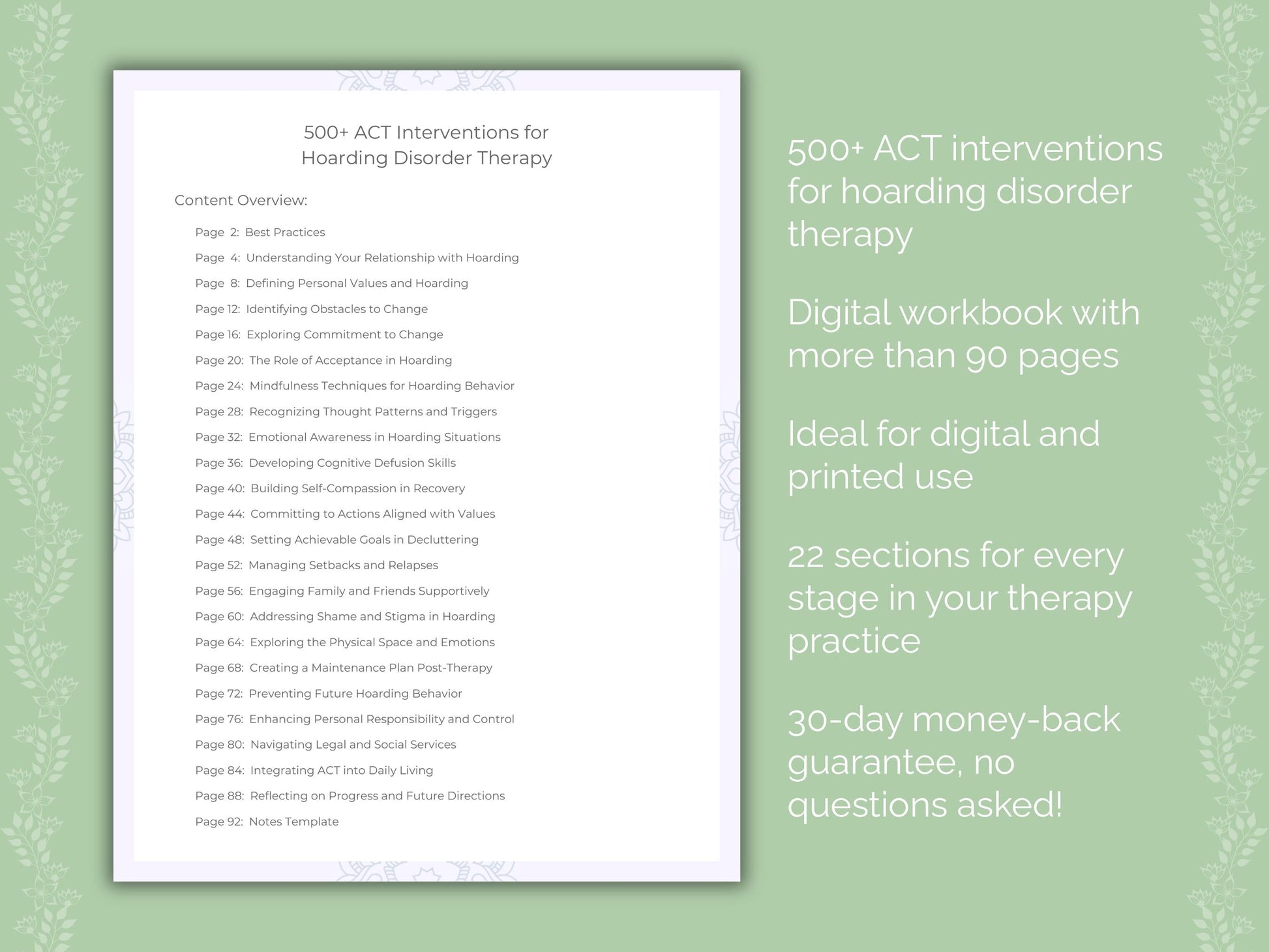 Hoarding Disorder Acceptance and Commitment Therapy (ACT) Therapist Worksheets