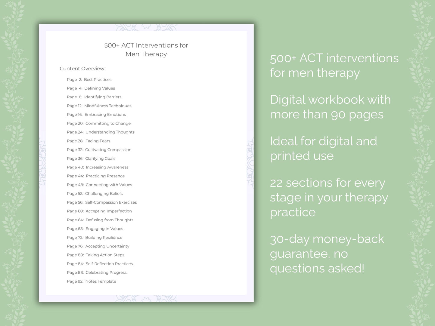 Men Acceptance and Commitment Therapy (ACT) Therapist Worksheets