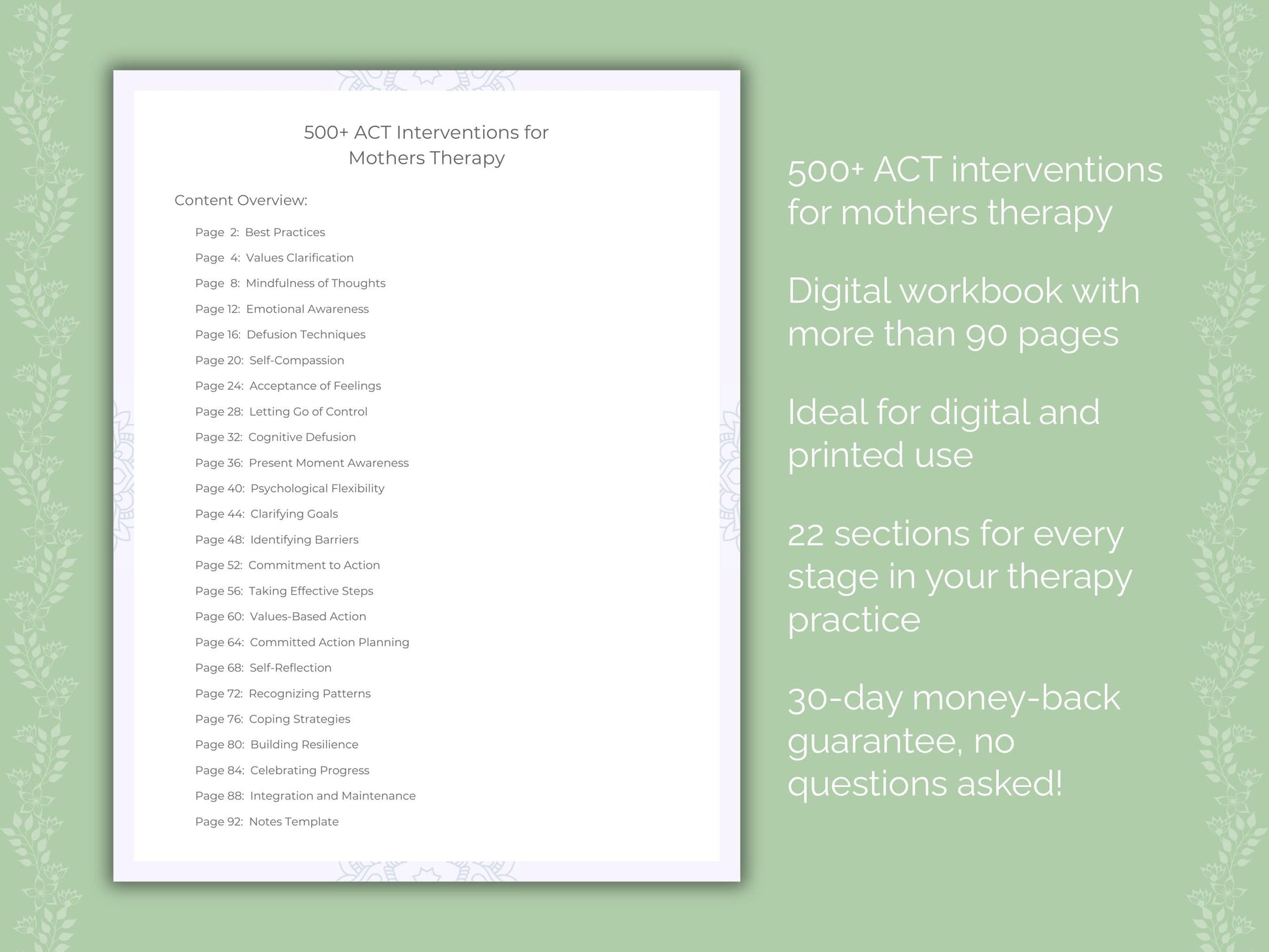 Mothers Acceptance and Commitment Therapy (ACT) Therapist Worksheets