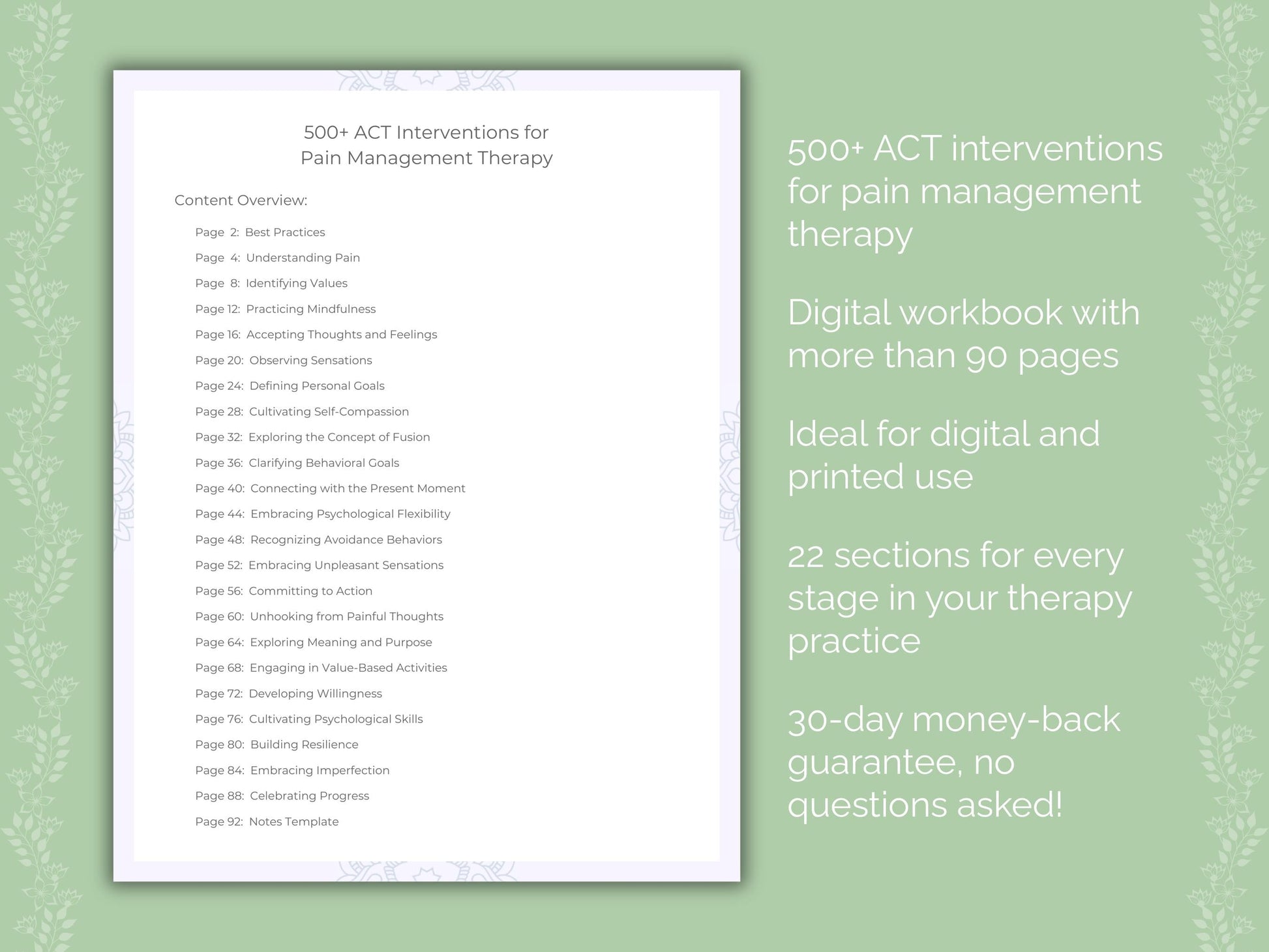 Pain Management Acceptance and Commitment Therapy (ACT) Therapist Worksheets