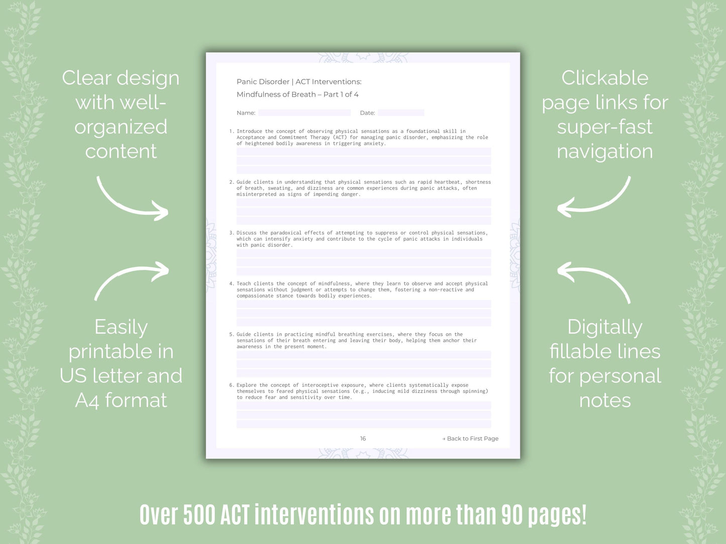 Panic Disorder Acceptance and Commitment Therapy (ACT) Counseling Templates