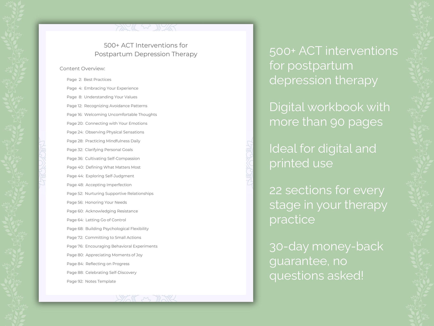 Postpartum Depression Acceptance and Commitment Therapy (ACT) Therapist Worksheets