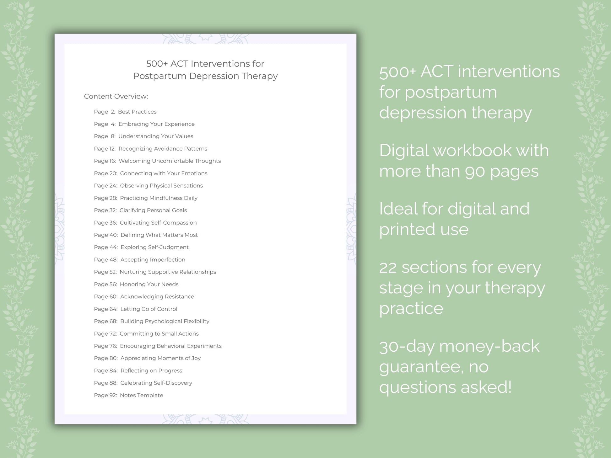 Postpartum Depression Acceptance and Commitment Therapy (ACT) Therapist Worksheets