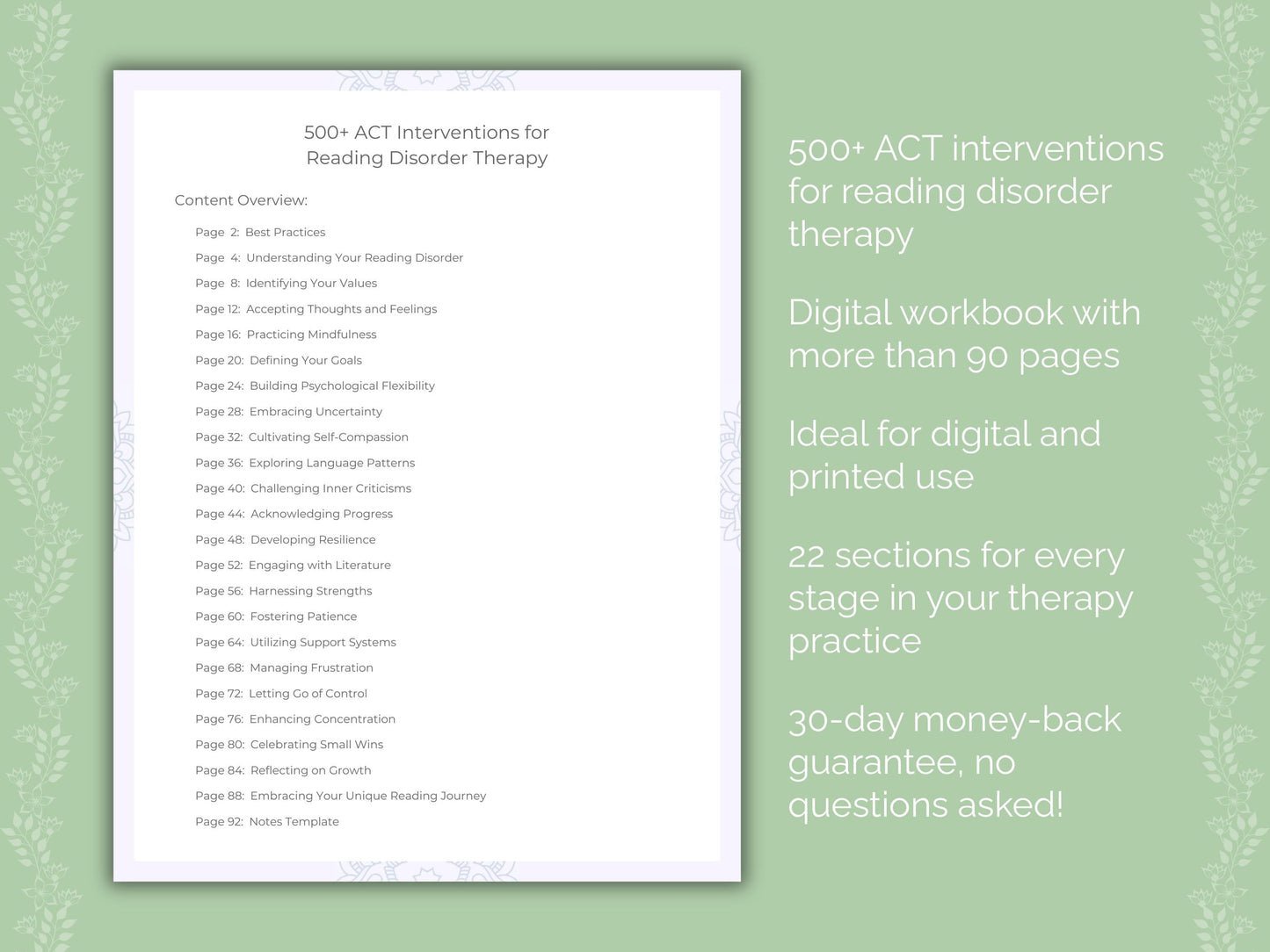 Reading Disorder Acceptance and Commitment Therapy (ACT) Therapist Worksheets