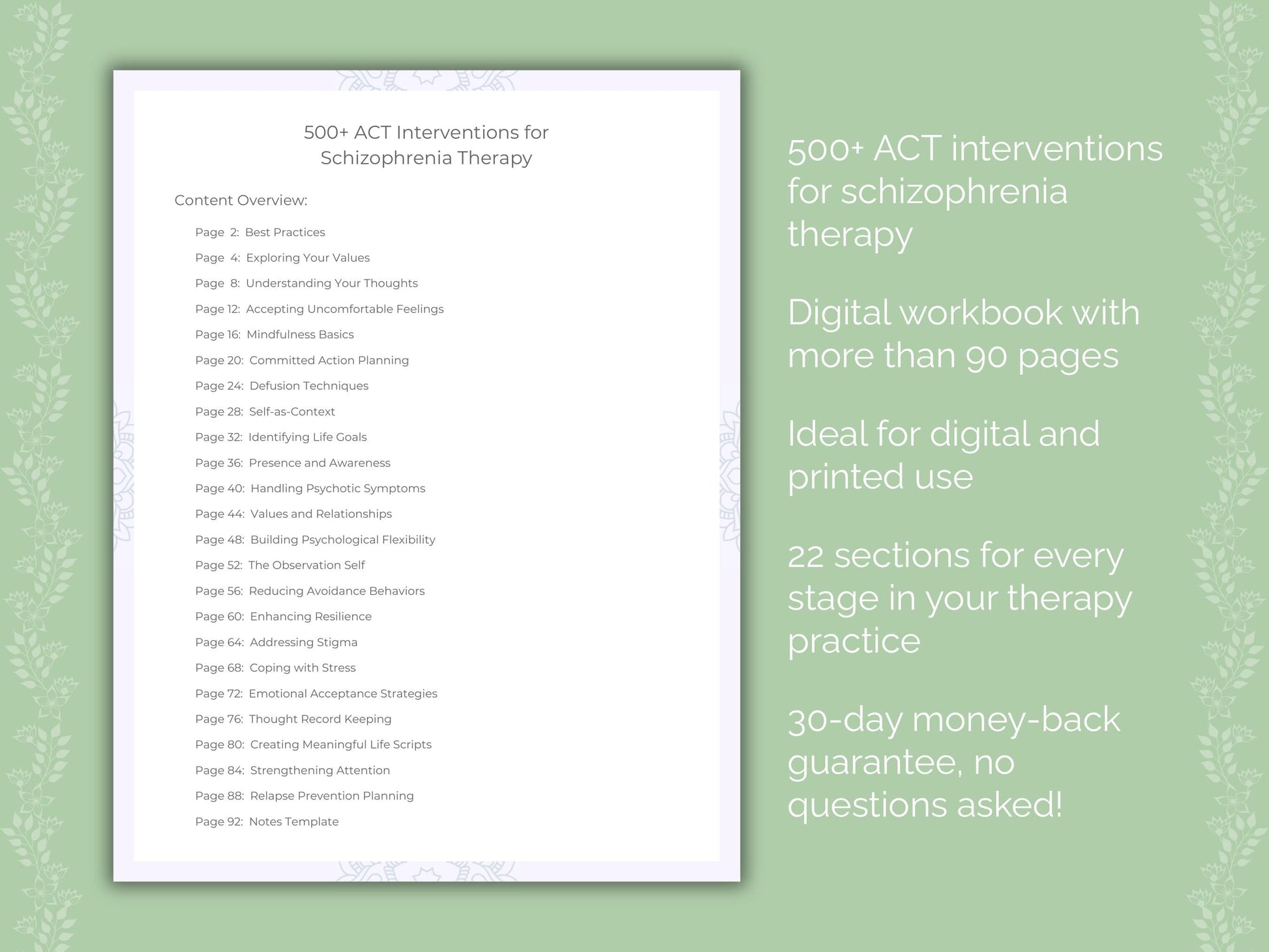 Schizophrenia Acceptance and Commitment Therapy (ACT) Therapist Worksheets