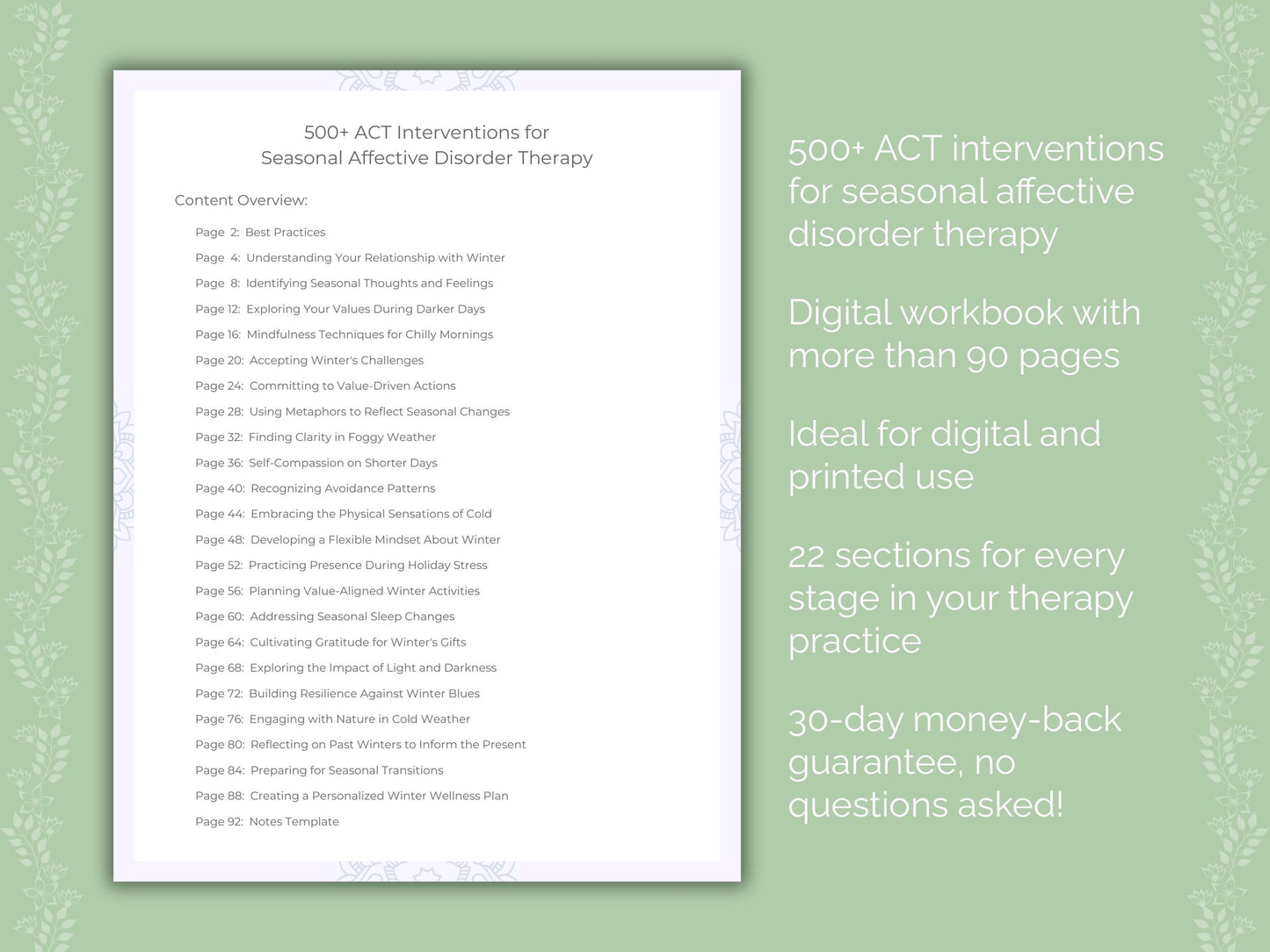 Seasonal Affective Disorder Acceptance and Commitment Therapy (ACT) Therapist Worksheets