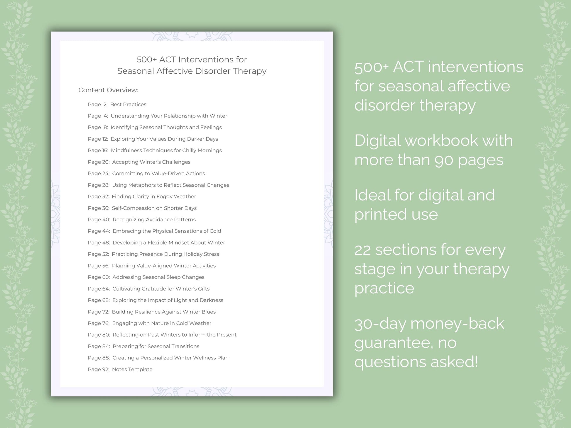 Seasonal Affective Disorder Acceptance and Commitment Therapy (ACT) Therapist Worksheets