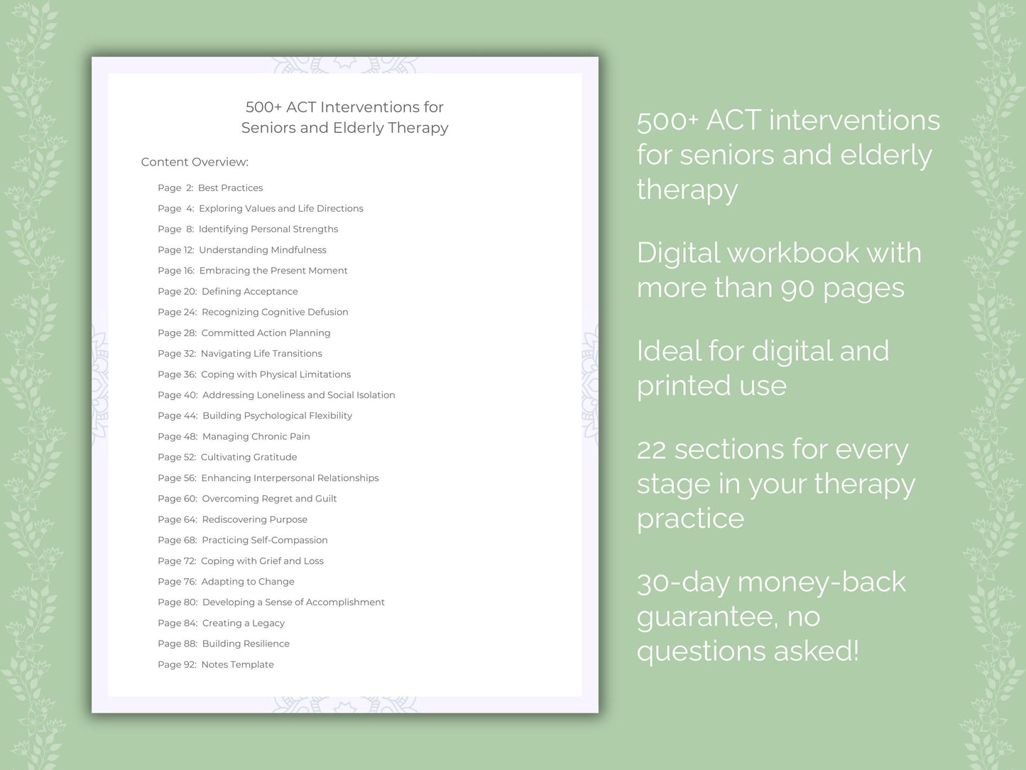 Seniors and Elderly Acceptance and Commitment Therapy (ACT) Therapist Worksheets