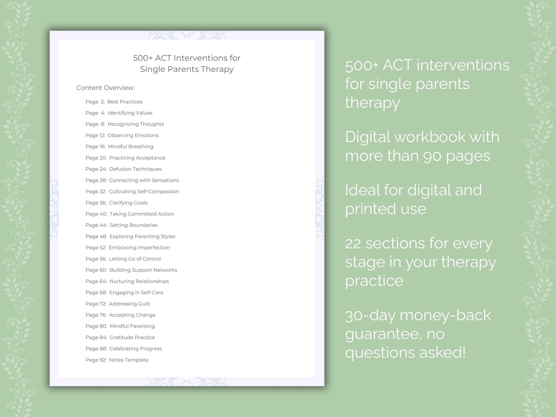 Single Parents Acceptance and Commitment Therapy (ACT) Therapist Worksheets