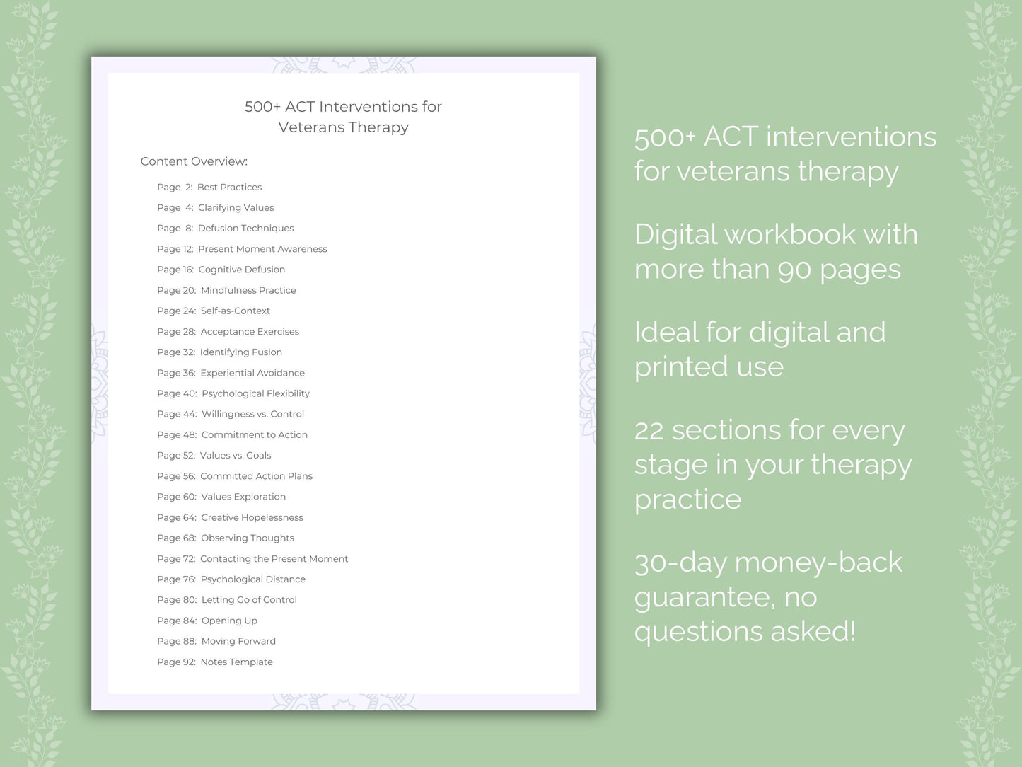 Veterans Acceptance and Commitment Therapy (ACT) Therapist Worksheets