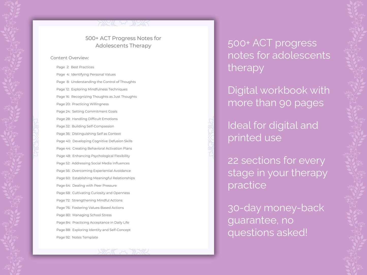 Adolescents Acceptance and Commitment Therapy (ACT) Therapist Worksheets