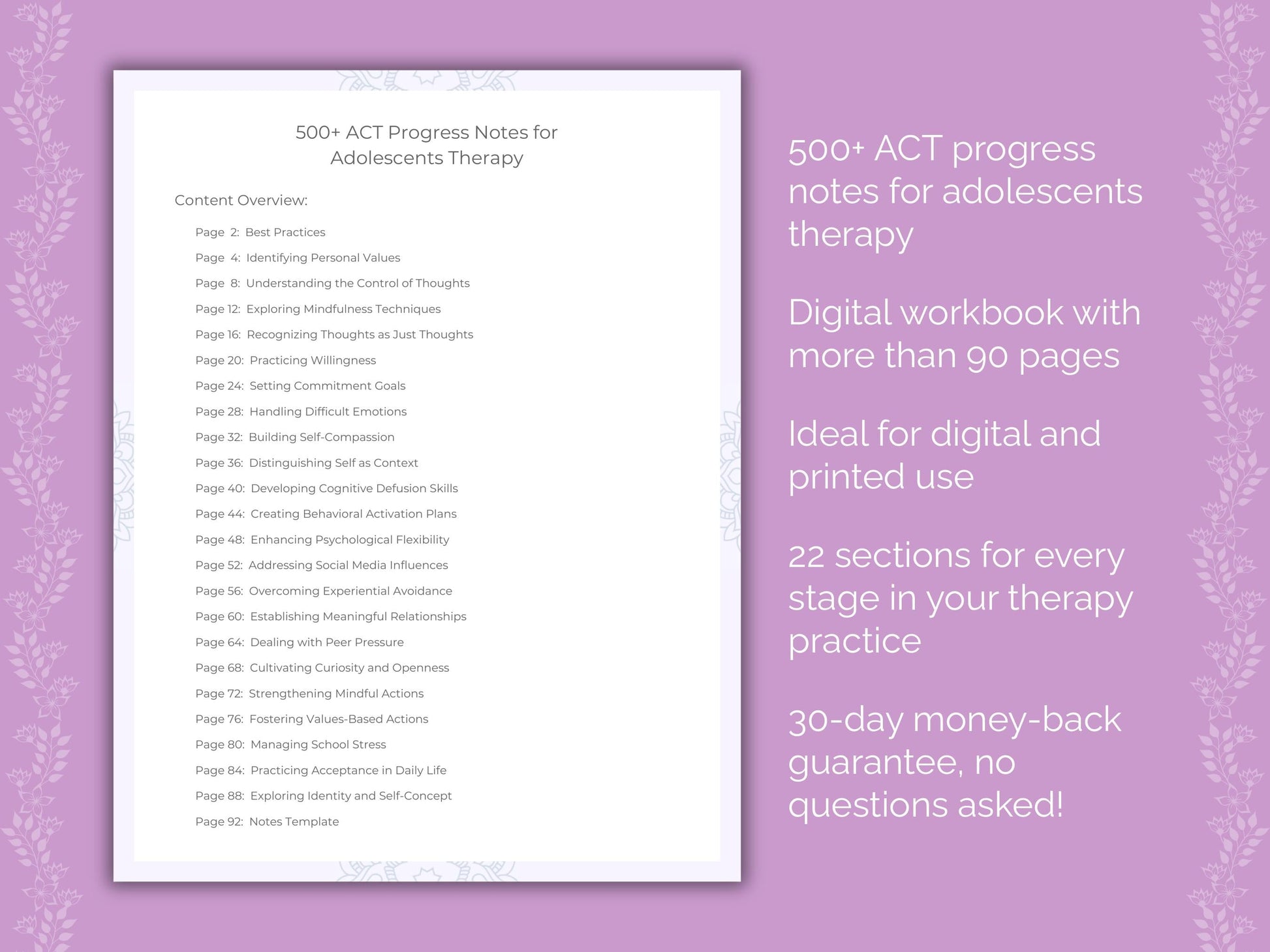 Adolescents Acceptance and Commitment Therapy (ACT) Therapist Worksheets