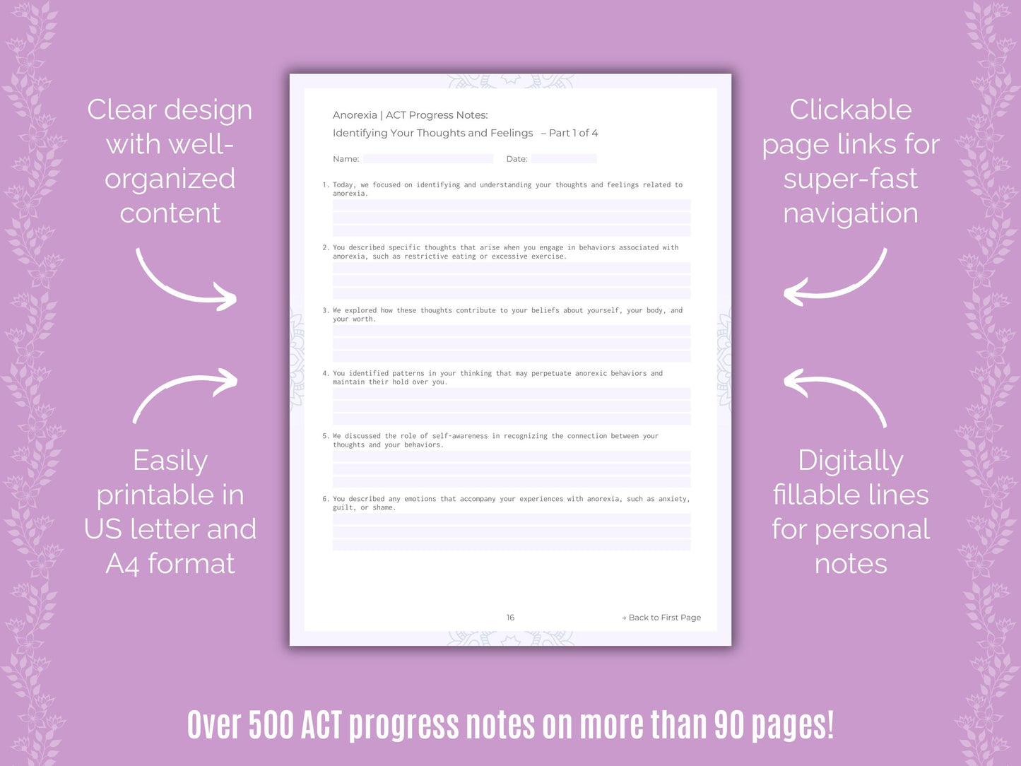 Anorexia Acceptance and Commitment Therapy (ACT) Counseling Templates