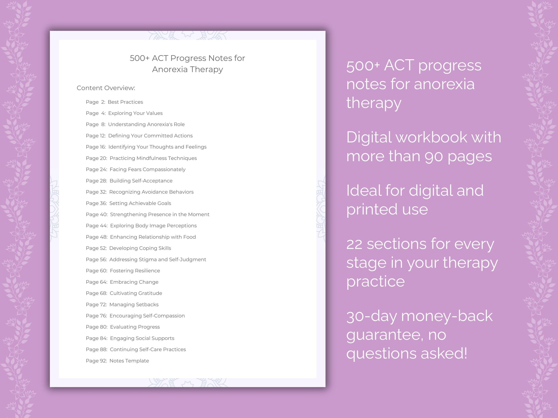 Anorexia Acceptance and Commitment Therapy (ACT) Therapist Worksheets