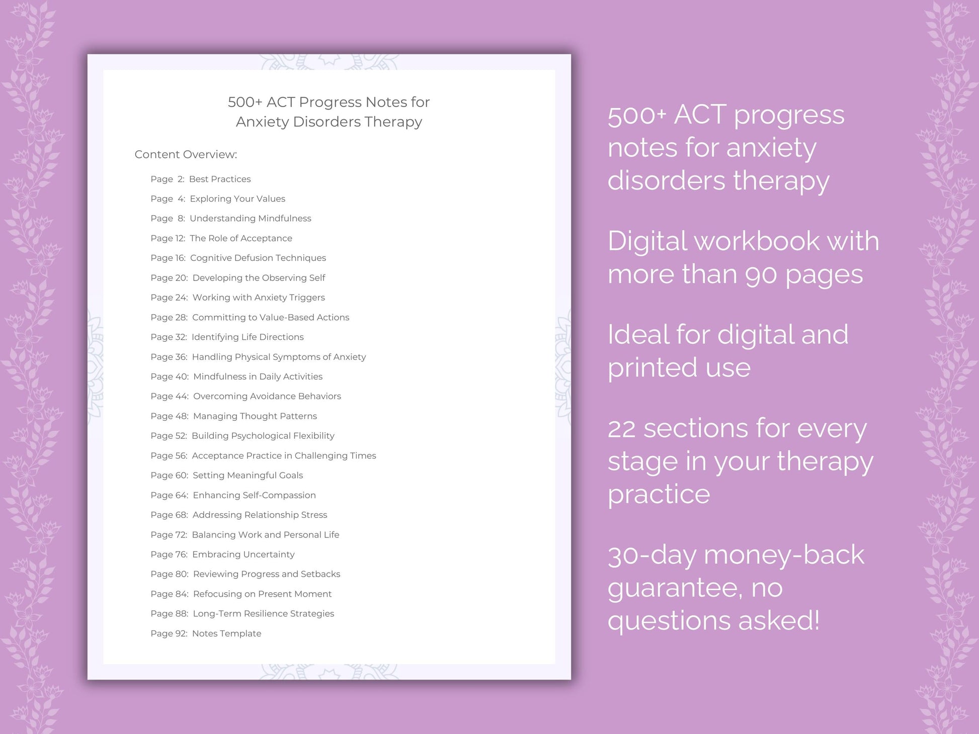 Anxiety Disorders Acceptance and Commitment Therapy (ACT) Therapist Worksheets