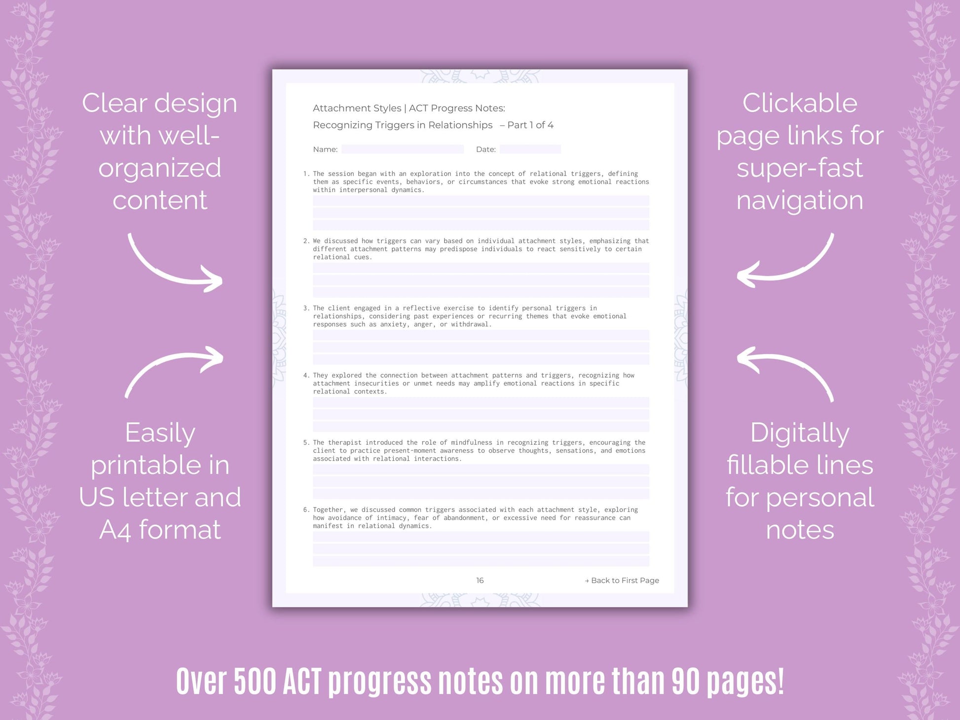 Attachment Styles Acceptance and Commitment Therapy (ACT) Counseling Templates