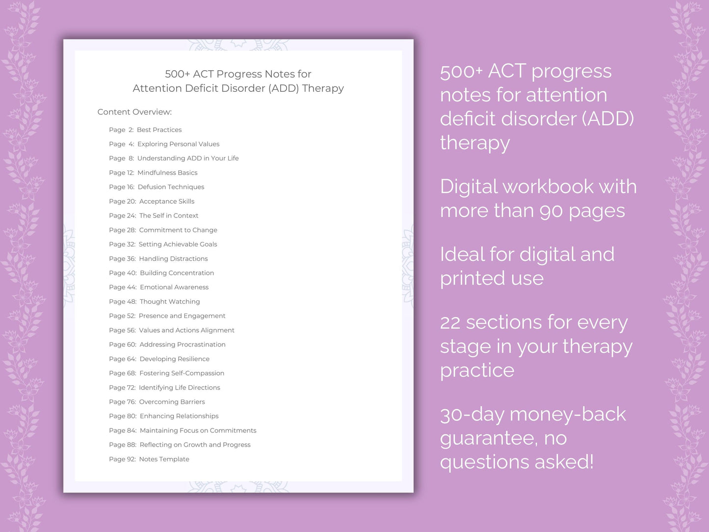 Attention Deficit Disorder (ADD) Acceptance and Commitment Therapy (ACT) Therapist Worksheets