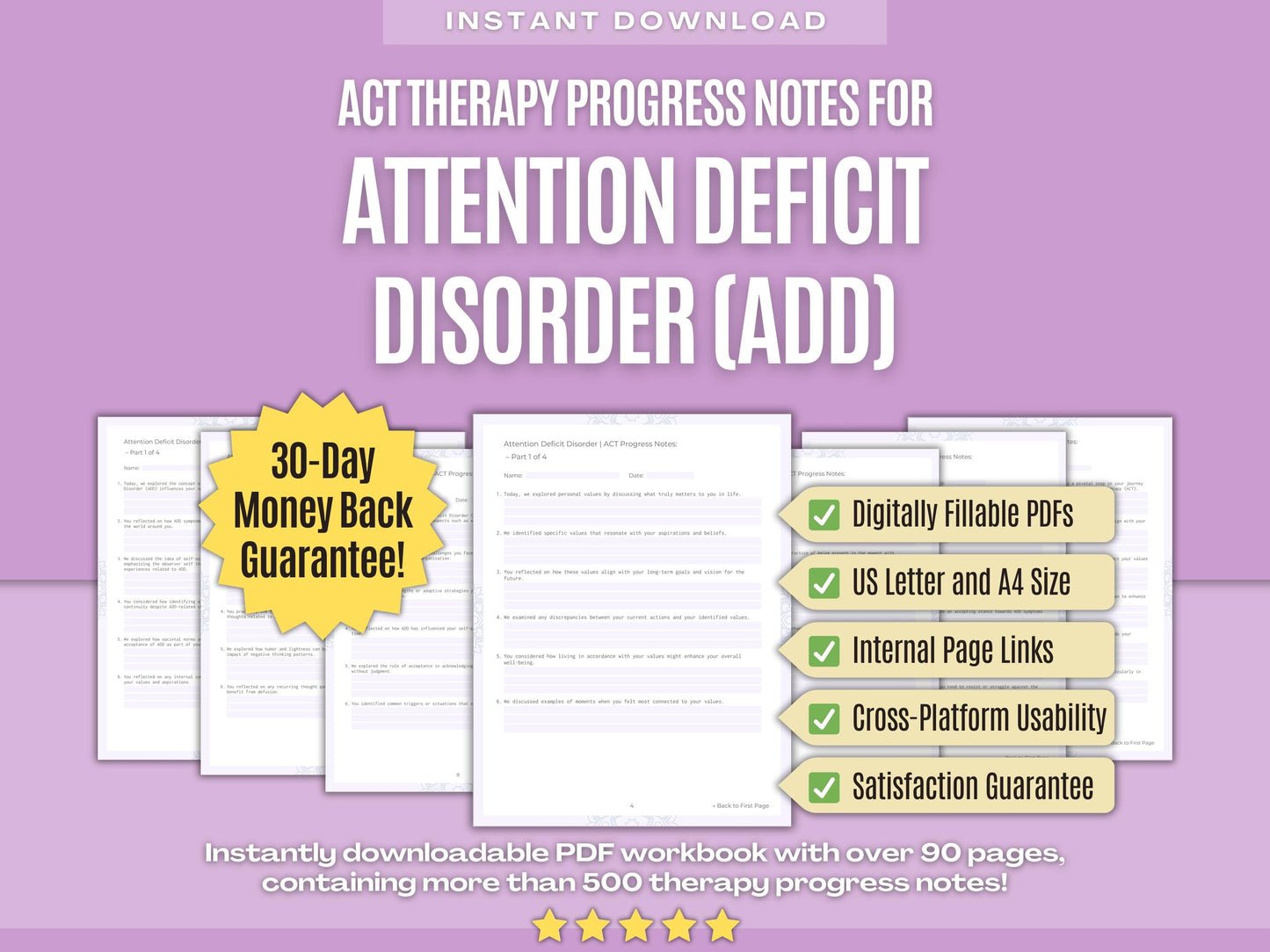 Attention Deficit Disorder (ADD) Acceptance and Commitment Therapy (ACT) Psychology Workbooks