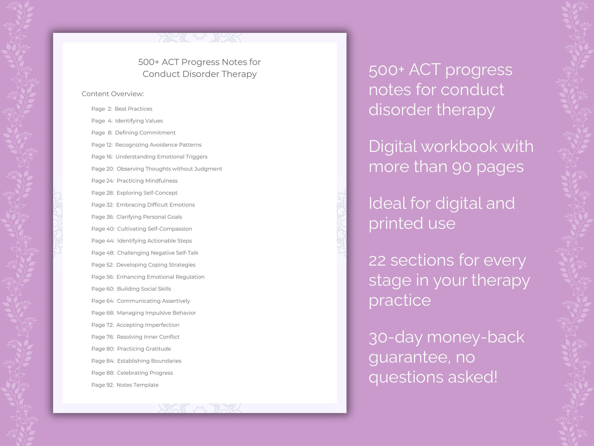 Conduct Disorder Acceptance and Commitment Therapy (ACT) Therapist Worksheets